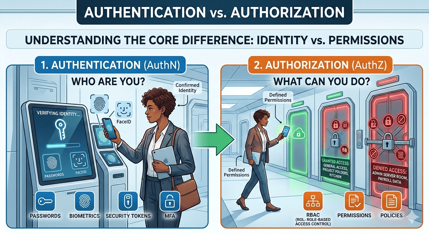 Infographic showing the flow between Authentication (identity verification) and Authorization (access permissions).