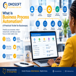 Business process automation illustration showing connected workflows, business software, customer enquiries, approvals, payments and reporting